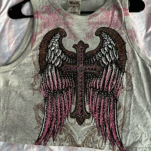 Vocal Gray Crop Top with Pink and Brown Accents